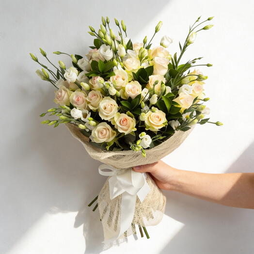 Hand-Tied Elegance White   Cream Rose Bouquet – Premium Lisianthus Floral Arrangement
