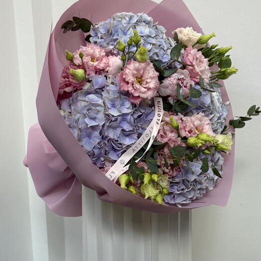 Blue Hydrangea and Pink Lisianthus Bouquet
