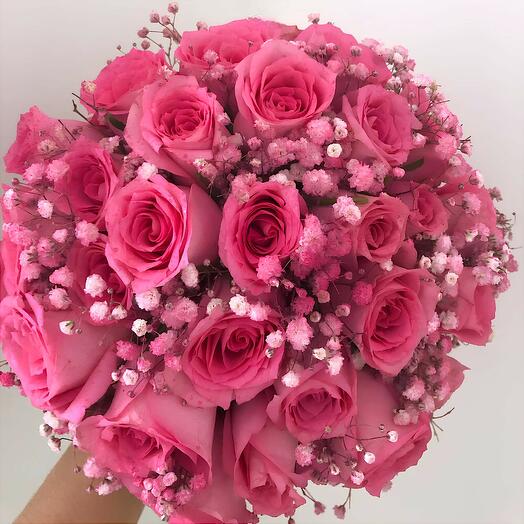Pink rose and gypsophila bridal bouquet