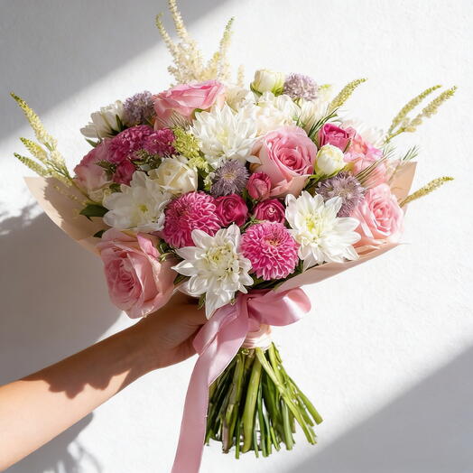 Blush Harmony Pink Mixed Flower Bouquet – Elegant Hand-Tied Roses   Chrysanthemums