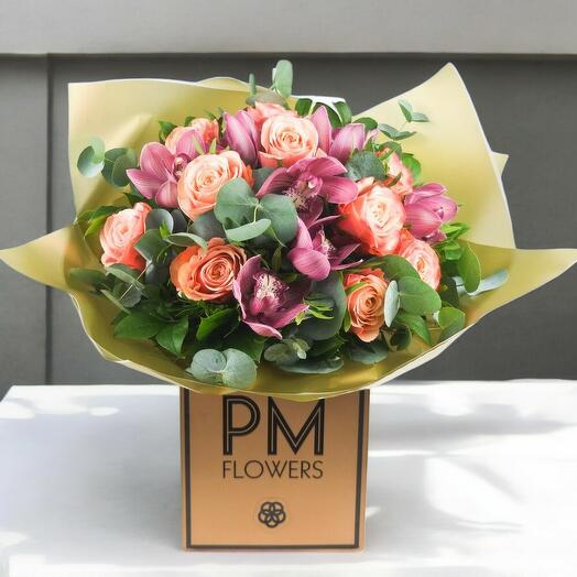 Coffee Satin – Peach Rose   Burgundy Orchid Floral Gift Box