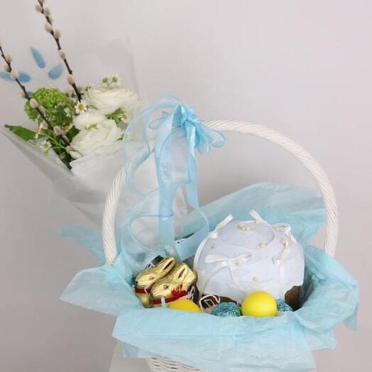 Bunny Blue Basket (viburnum , ranunculus, willow)