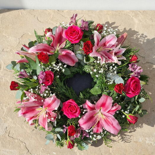 Wreath 14" pink/red/white/green