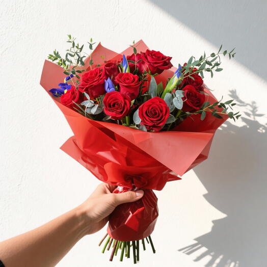 Scarlet Promise Bouquet – Red Roses   Blue Iris Hand-Tied Arrangement