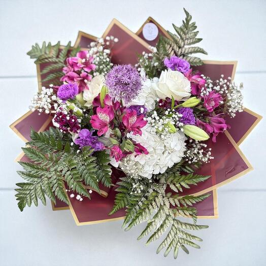 Wild Grace Bouquet – Hydrangea, Roses   Lilies in Purple and White