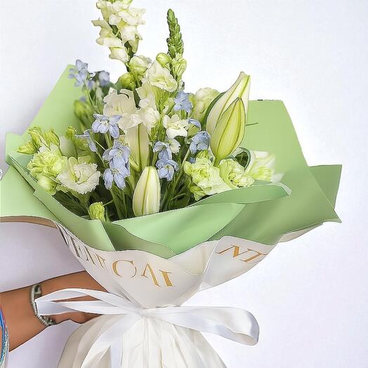 The Wild Lily Bouquet – Elegant White Lilies, Blue Delphiniums   Snapdragons
