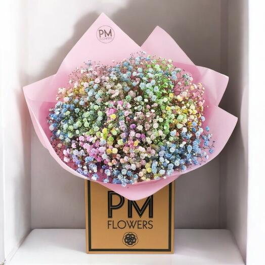 Единорог – Радужная коробка с цветами гипсофилы