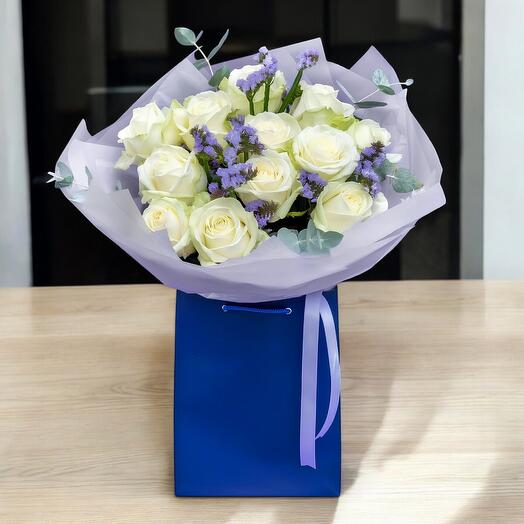 Vanilla Sky (12 Premium Roses with Eucalyptus and Statice)