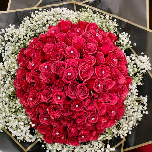 Royal Romance – 100 Red Roses with White Gypsophila Collar
