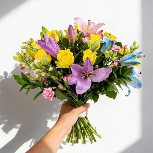 Celebration Day Mixed Lily   Yellow Rose Bouquet – Bright Colorful Hand-Tied Flowers