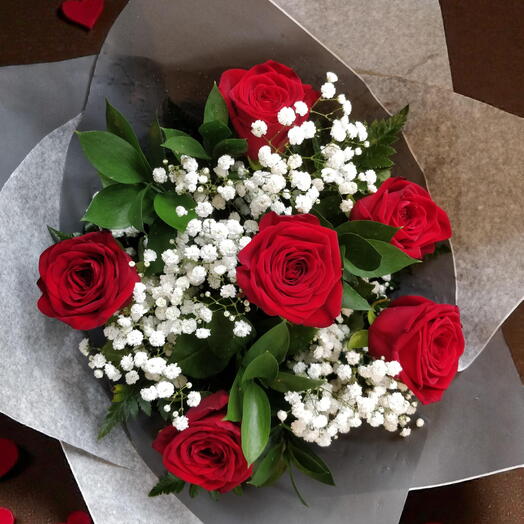 Six Red Roses with Gypsophila