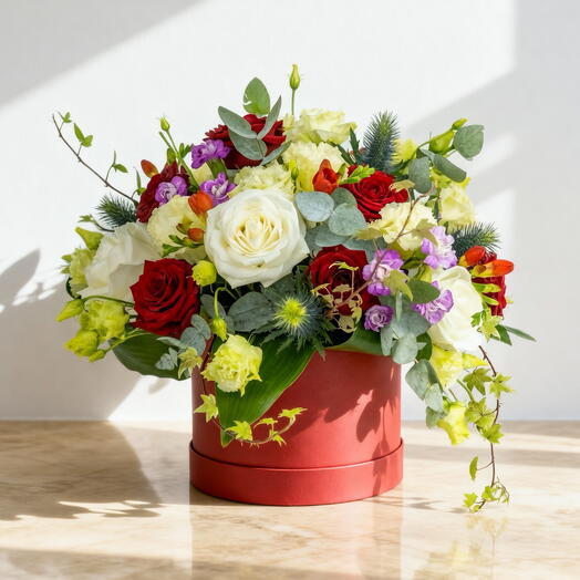 Moment of Happiness Flower Box – Luxury Mixed Roses   Lisianthus Arrangement