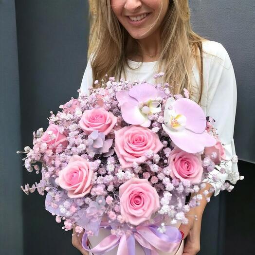 Princess Box – Elegant Pink Rose   Orchid Arrangement in a Hatbox