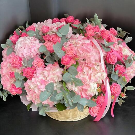 Pink Bubble Basket – Romantic Hydrangea   Spray Rose Flower Arrangement