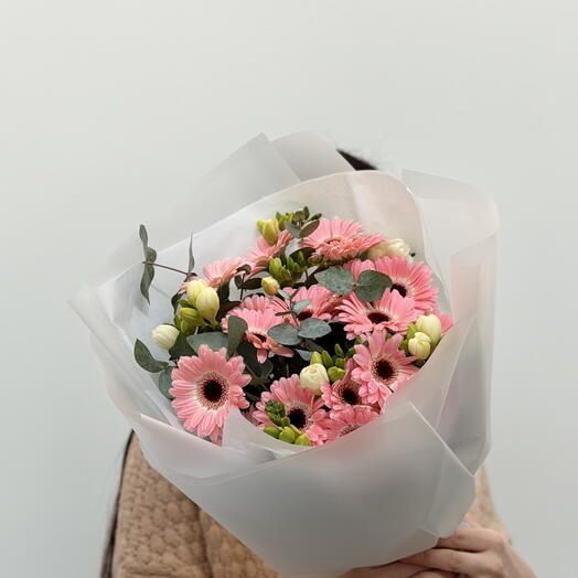 Pink Gerbera and White Freesia Bouquet