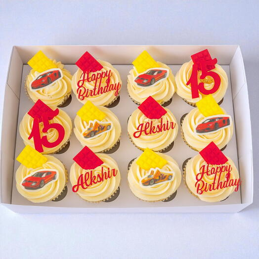Sports car cupcakes with mini chocolate bars and personalised