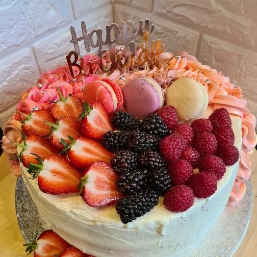 Fresh Berry Birthday Cake with Macarons and Buttercream Flowers