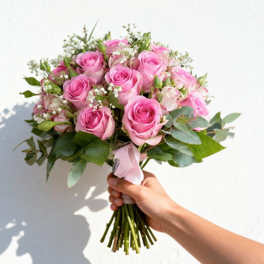Pink roses hand-tied flower bouquet