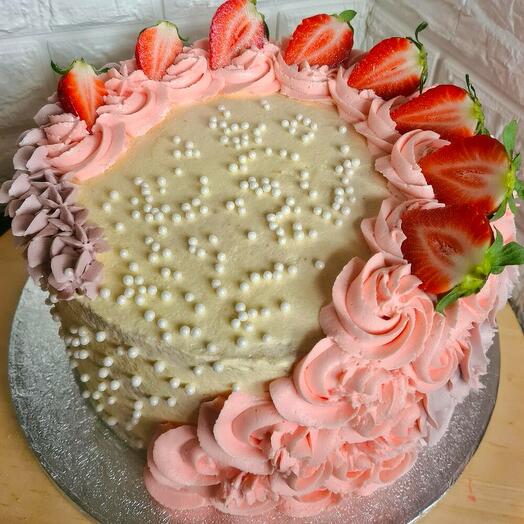 Pink Vanilla Strawberry Cake – Elegant Celebration Dessert with Fresh Strawberries | Serves 14