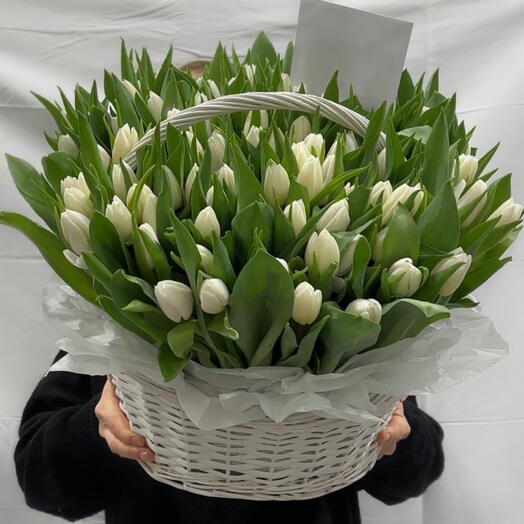 Корзина с 100 белыми тюльпанами
