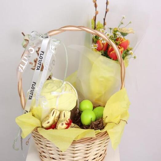 Lemon Blossom Basket (tulips, gerbera, willow , greenery )