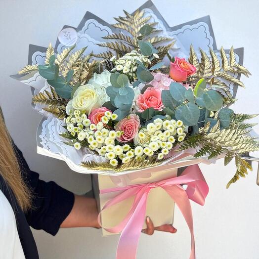 The Wild Signature Bouquet – Hydrangeas, Roses   Feverfew with Gold Ferns