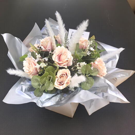 Flowers in a box peach roses aqua pack