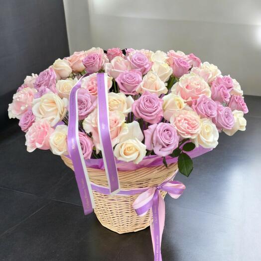 Lily Basket – Elegant Pastel Rose Arrangement in a Woven Basket