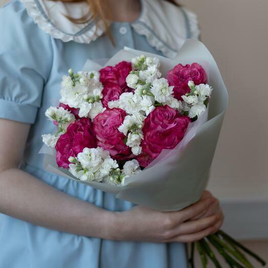 Blush Peony Roses and White Matthiola Bouquet