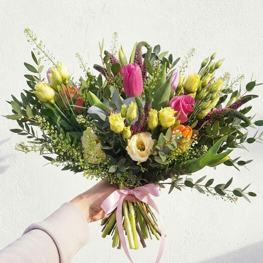 Spring Garden Delight Bouquet – Tulips, Lisianthus   Seasonal Greens