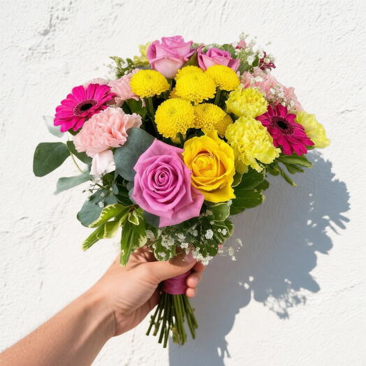 Tender Moments Bouquet – Pink   Yellow Roses with Gerbera   Carnations