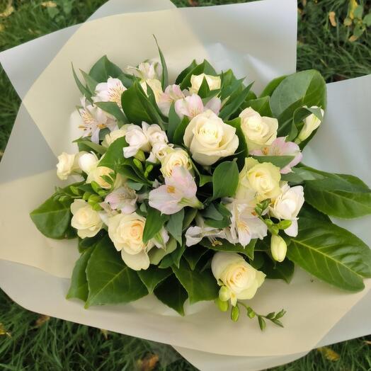 White roses and freesia bouquet