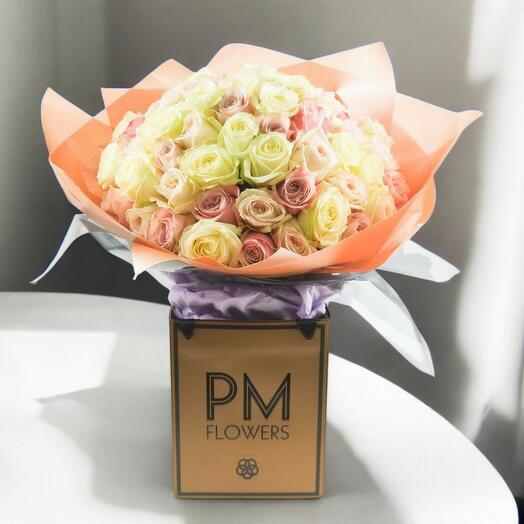 Pastel Deluxe Roses – 60-Stem Soft Pink   Ivory Rose Bouquet