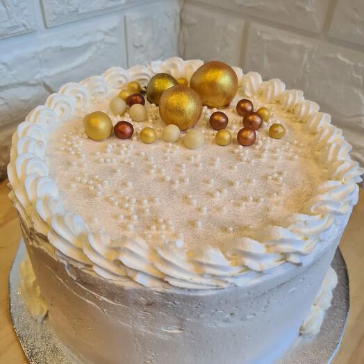 Elegant White and Gold Celebration Cake – Whipped Cream Cake with Edible Pearls and Metallic Spheres