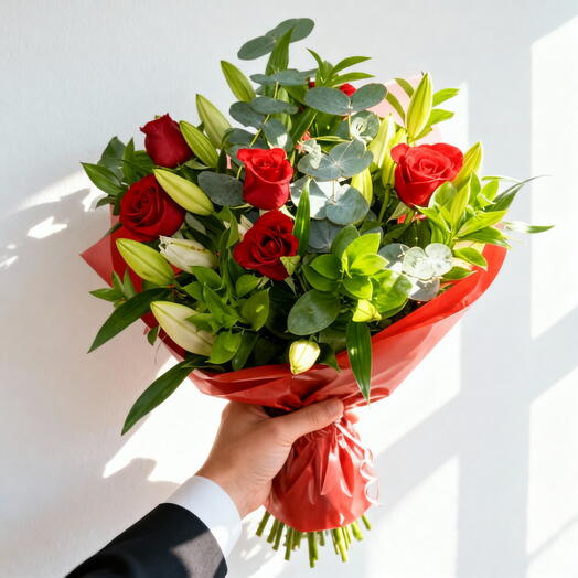 Lilies and red roses hand-tied flower bouquet