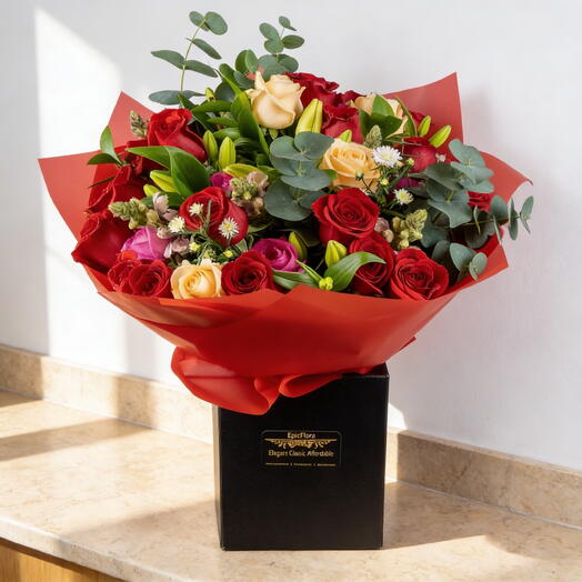 Luxury Bespoke Red   Yellow Rose with Lily Bouquet – Premium Hand-Tied Flower Arrangement