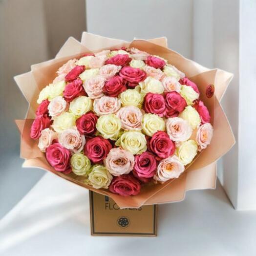 Joy – 60-Stem Luxury Rose Bouquet in Cerise, Peach   White