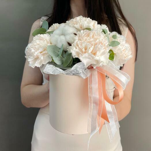Flowers in a Box: cream-coloured Carnations with Cotton and Eucalyptus