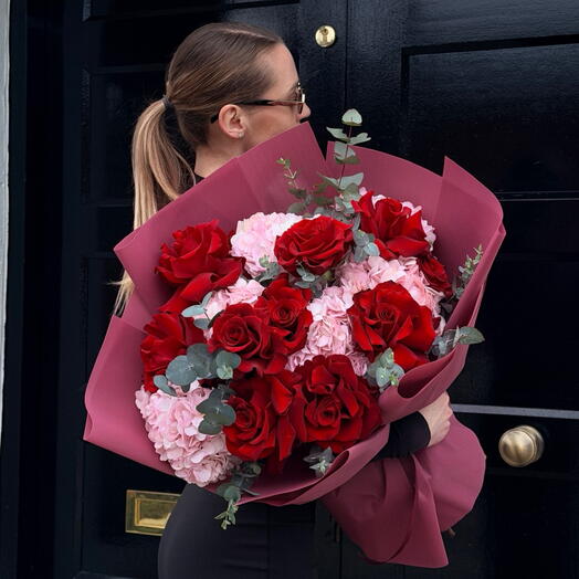 Red Roses and Pink Hydrangea Bouquet