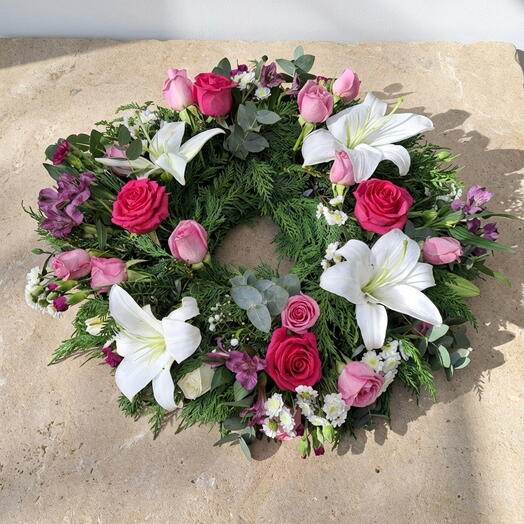 Венок 16" розовый/белый/сиреневый
