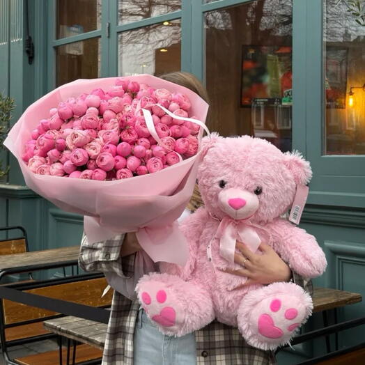 Blush Bear and Spray Rose Luxury Set