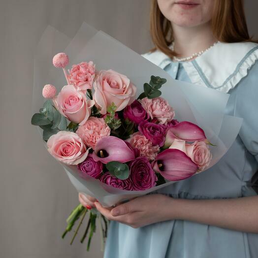 Bouquet in pink colour with peony roses and calla lilies "Cupid s Arrows"