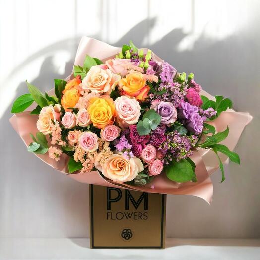 Kaleidoscope – Luxury Multicolour Rose   Lisianthus Hand-Tied Bouquet