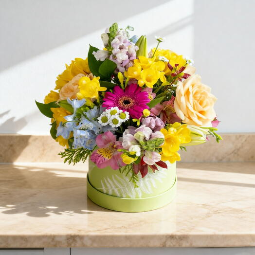 Summer Bliss Flower Box Arrangement – Mixed Roses, Freesia   Gerbera in Pastel Colors