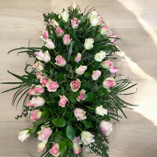 Graceful Farewell Coffin Spray – Pink Roses   Lush Greenery