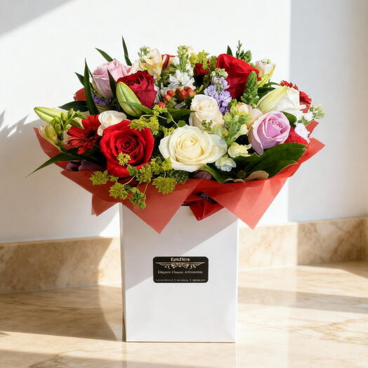 Meadow Mischief Luxury Flower Box – Mixed Roses, Lilies   Seasonal Blooms