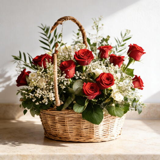 Red Roses Basket Arrangement – Romantic Floral Gift with Gypsophila