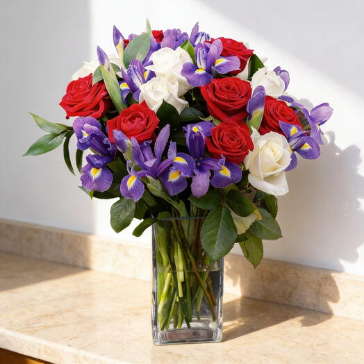 Spring Thought Bouquet – Red   White Roses with Blue Iris Luxury Arrangement