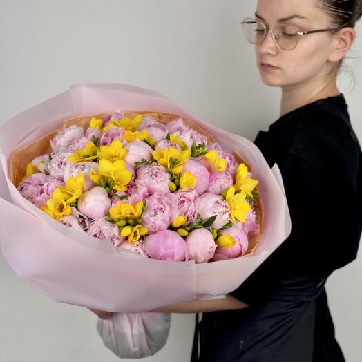 Elegant Bliss: Peonies   Freesia Bouquet