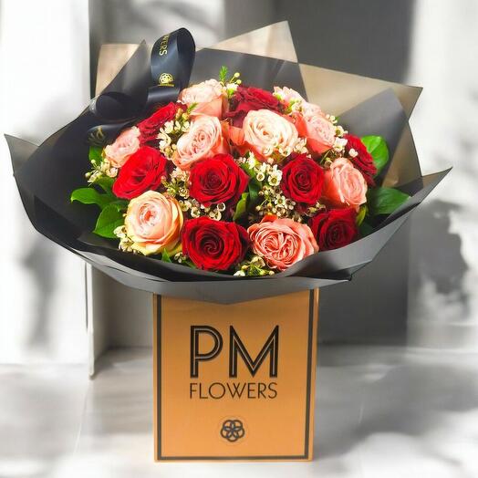 Red Velvet – Luxury Red and Peach Rose Bouquet with Waxflower Accents